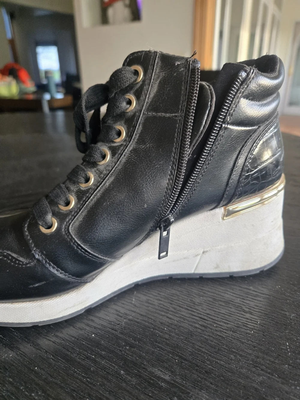 Aldo Size 9 Wedge Sneaker - Black with Gold Accents